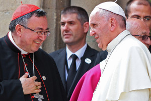 Pope Francis speaks to Bosnian Cardinal Vinko Puljic (L) in front of the Sacred Heart Cathedral in Sarajevo, Bosnia and Herzegovina June 6, 2015. Pope Francis urged Bosnians on Saturday to seek lasting ethnic and religious harmony to heal the deep, lingering wounds of the 1992-1995 war that devastated the former Yugoslav republic. REUTERS/Stringer