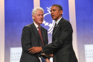 epa03882669 US President Barack Obama (R) meets former US President Bill Clinton during the 2013 Clinton Global Initiative Annual Meeting in New York, New York, USA, 24 September 2013. Established in 2005 by former US President Bill Clinton, the CGI convenes a community of global leaders to forge solutions to the world's most pressing challenges. EPA/Allan Tannenbaum / POOL