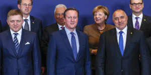 Slovakian Prime Minister Robert Fico, British Prime Minister David Cameron, German Chancellor Angela Merkel and Bulgarian Prime Minister Boyko Borisov take part in a group photo with other EU countries leaders at a European Union leaders summit addressing the talks about the so-called Brexit and the migrants crisis, in Brussels, Belgium, February 18, 2016. REUTERS/Yves Herman