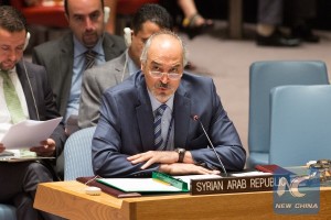 (150807) -- NEW YORK, Aug. 7, 2015 (Xinhua) -- Syria's permanent representative to the United Nations Bashar al-Ja'afari, speaks after the UN Security Council adopted a draft resolution to set up a panel to identify the perpetrators of deadly chlorine gas attacks in Syria at the UN headquarters in New York, United States, Aug. 7, 2015. UN Security Council on Friday adopted a draft resolution to set up a panel to identify the perpetrators of deadly chlorine gas attacks in Syria. (Xinhua/Li Muzi) (djj)