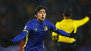 epa05644155 Rostov's Sardar Azmoun celebrates after scoring the 1-1 equalizer during the UEFA Champions League group D soccer match between FK Rostov and Bayern Munich in Rostov-on-Don, Russia, 23 November 2016. EPA/MAXIM SHIPENKOV